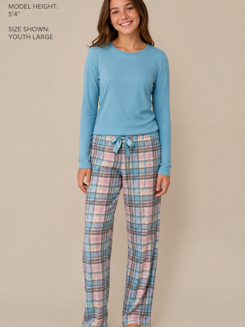 Sleep On It Girls Blue Long-Sleeve Top with Pastel Plaid Pajama Pants -AA